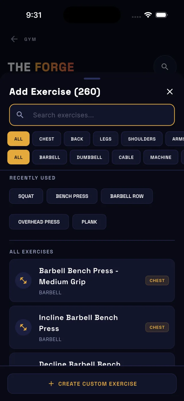 The Forge exercise picker: 260 exercises filterable by muscle group and equipment