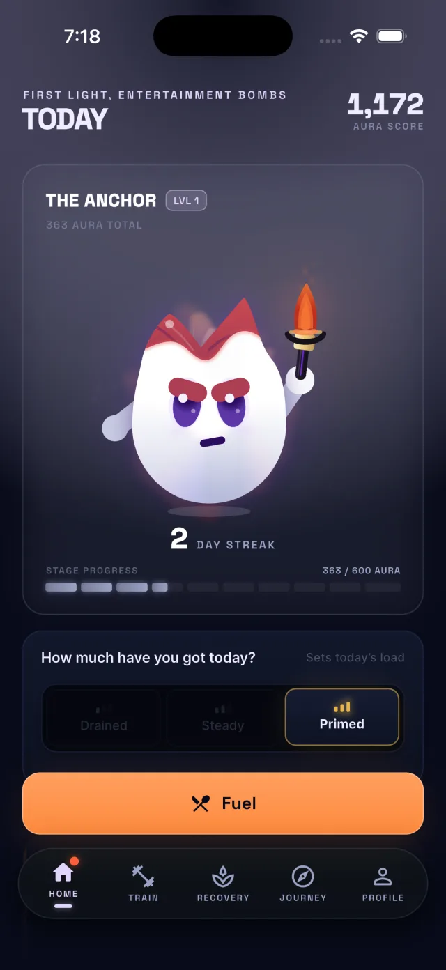 EVO LVL home screen showing the Evo mascot, streak, and Aura score