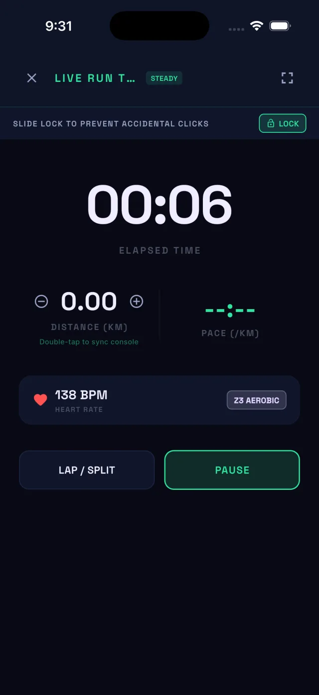 Live run tracker with heart rate zones and pace