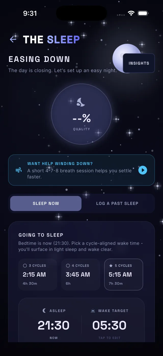 The Sleep screen: a night sky wind-down flow with cycle-aligned wake times